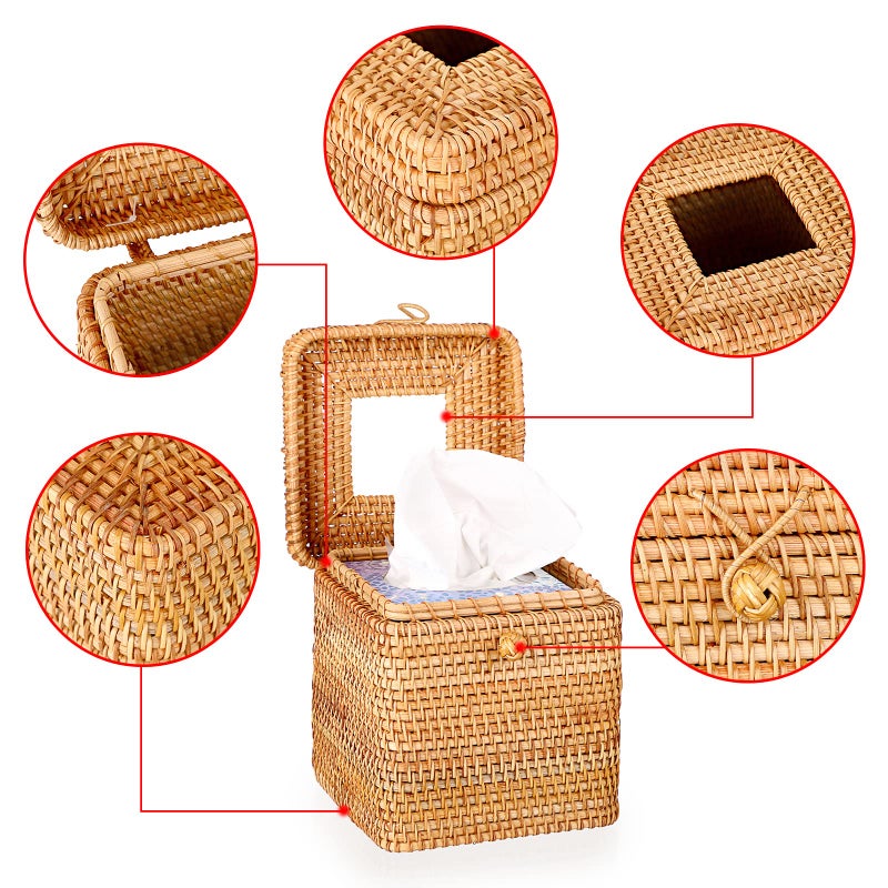 Sumnacon Tissue Box Cover Square Tissue Box Rattan Tissue Box Holder with Hinged Top Lid  Wicker Tissue Holder for Bathroom Toilet Living Room Kitchen Office Table Desk  Yellow - Image 4